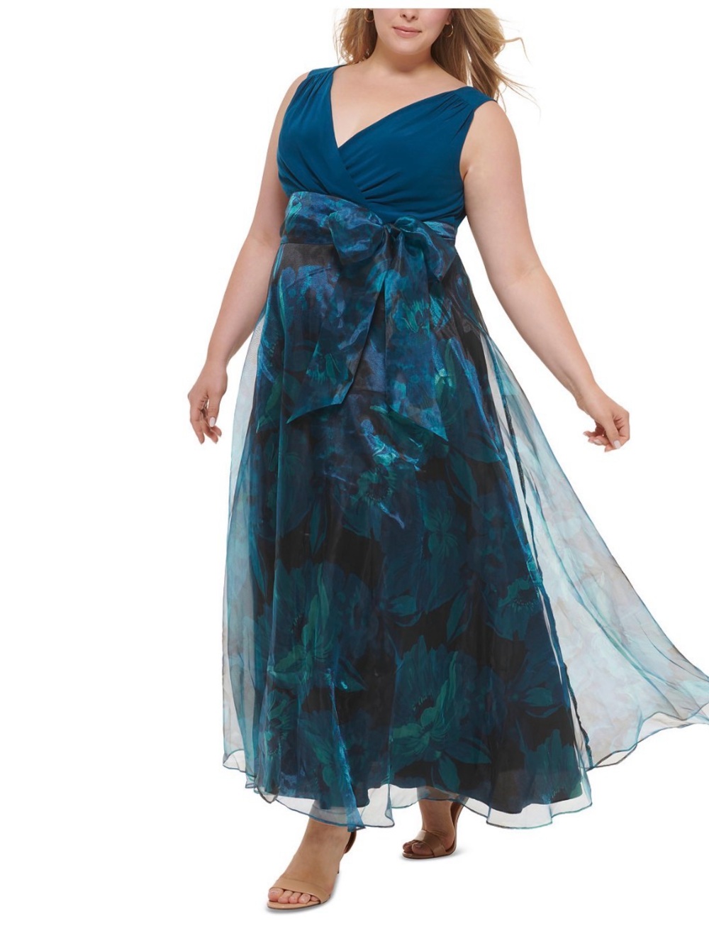 NWT! Eliza J V-Neck Sleeveless Turquoise Blue Organza Gown. Size 20W. - Picture 3 of 6